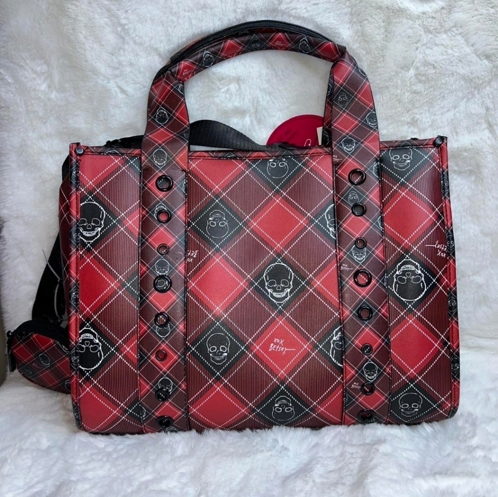 ❤️🔹️BETSEY JOHNSON🔹️ red Plaid Skull Tote w/ coin pouch XOLOLO - Picture 12 of 12